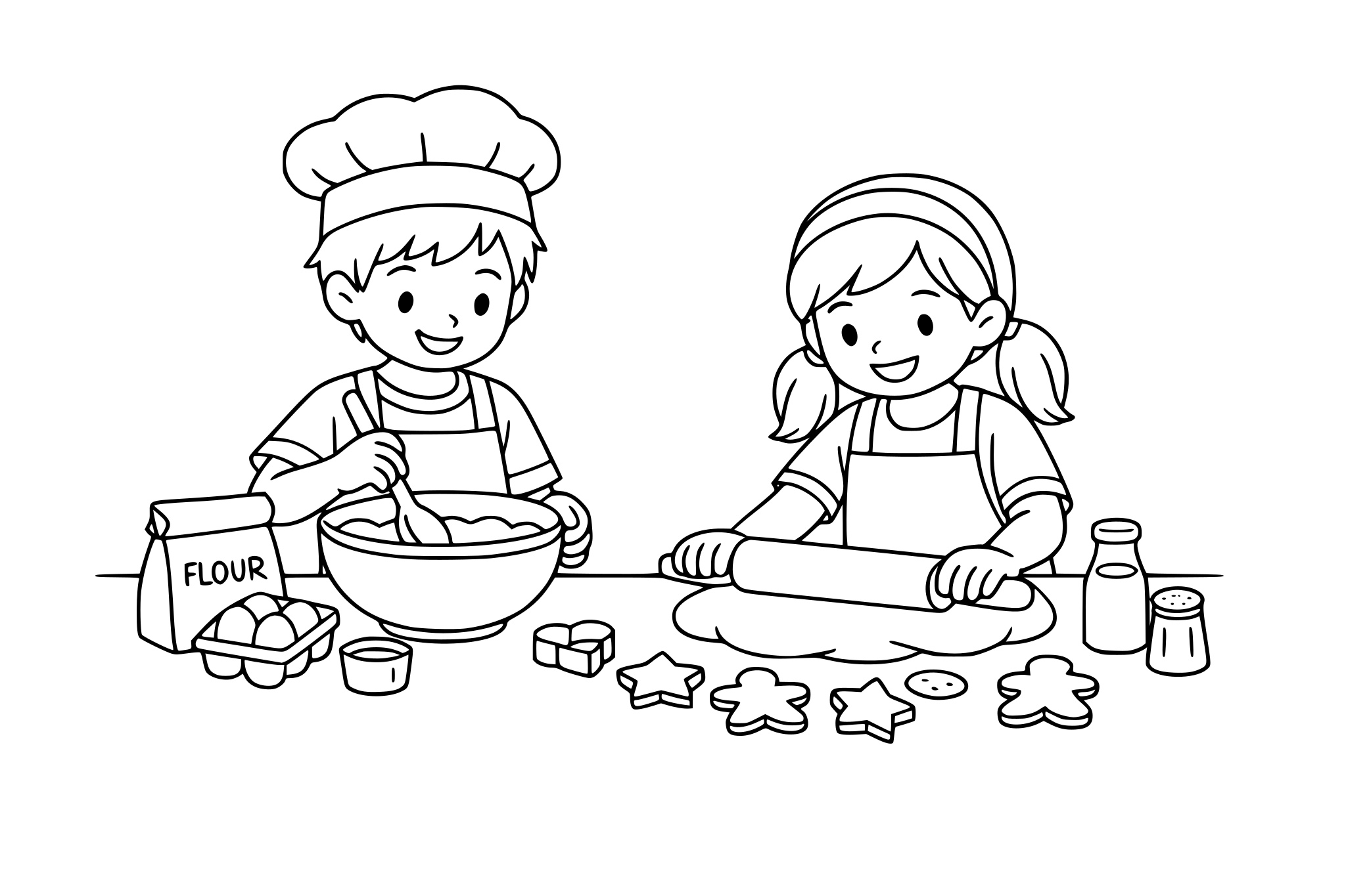 Kids baking together, minimalistic line.