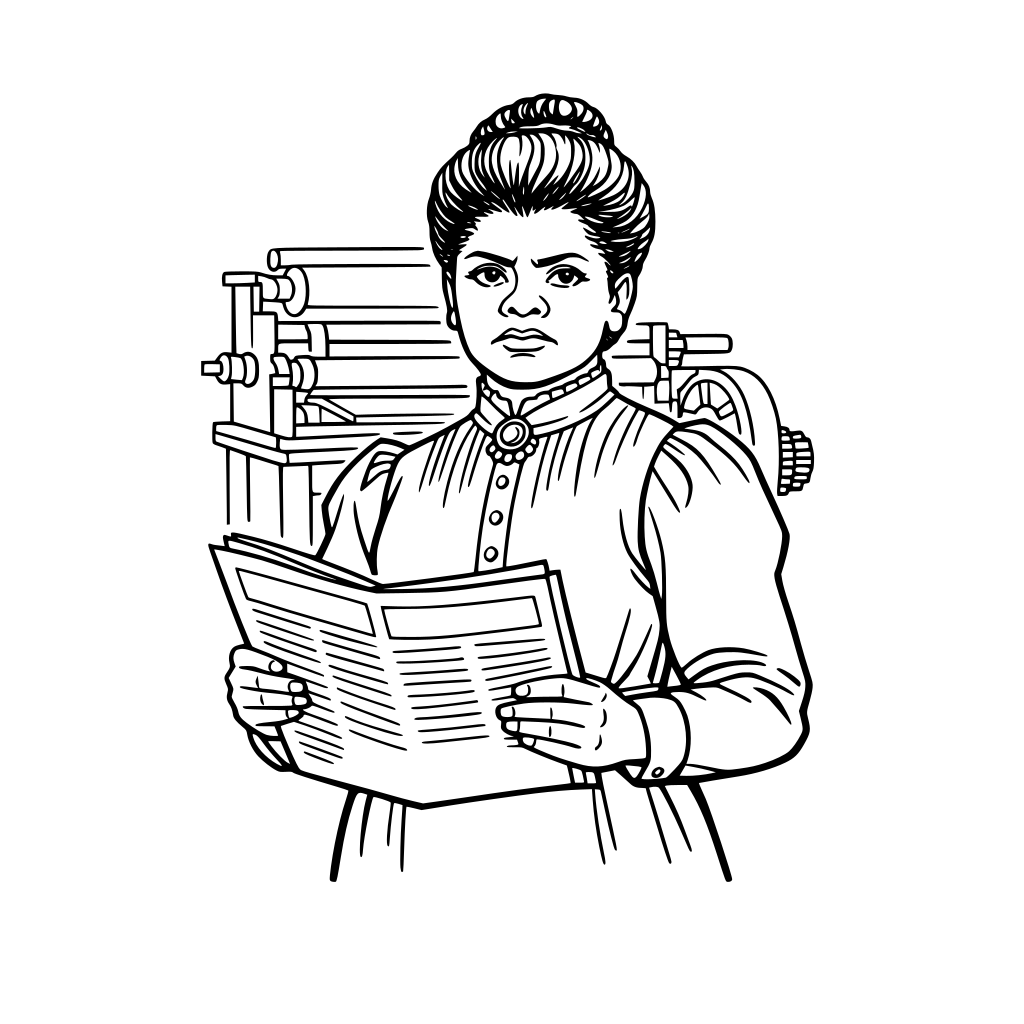 Ida B. Wells holding a newspaper, serious courageous expression, minimal printing press outline in background, mid-body framing.
