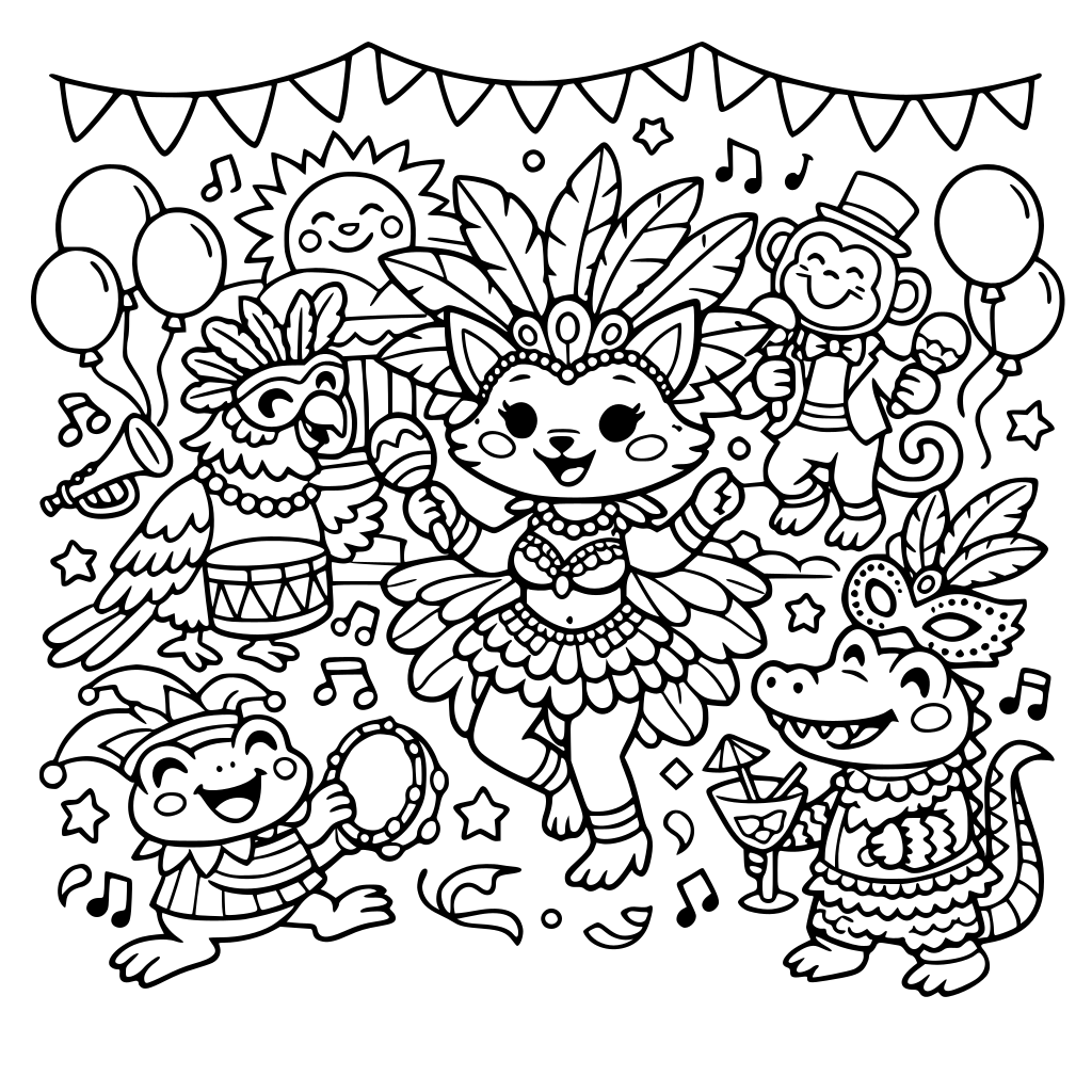 CRIE UM LIVRO PARA COLORIR NO ESTILO BOBBIE GOODS DIVERTIDO, EM BASTANTE AMBIENTAÇÃO E DETALHES, NO TEMA DE CARNAVAL, ONDE OS PERSONAGENS SEJAM ANIMAIS