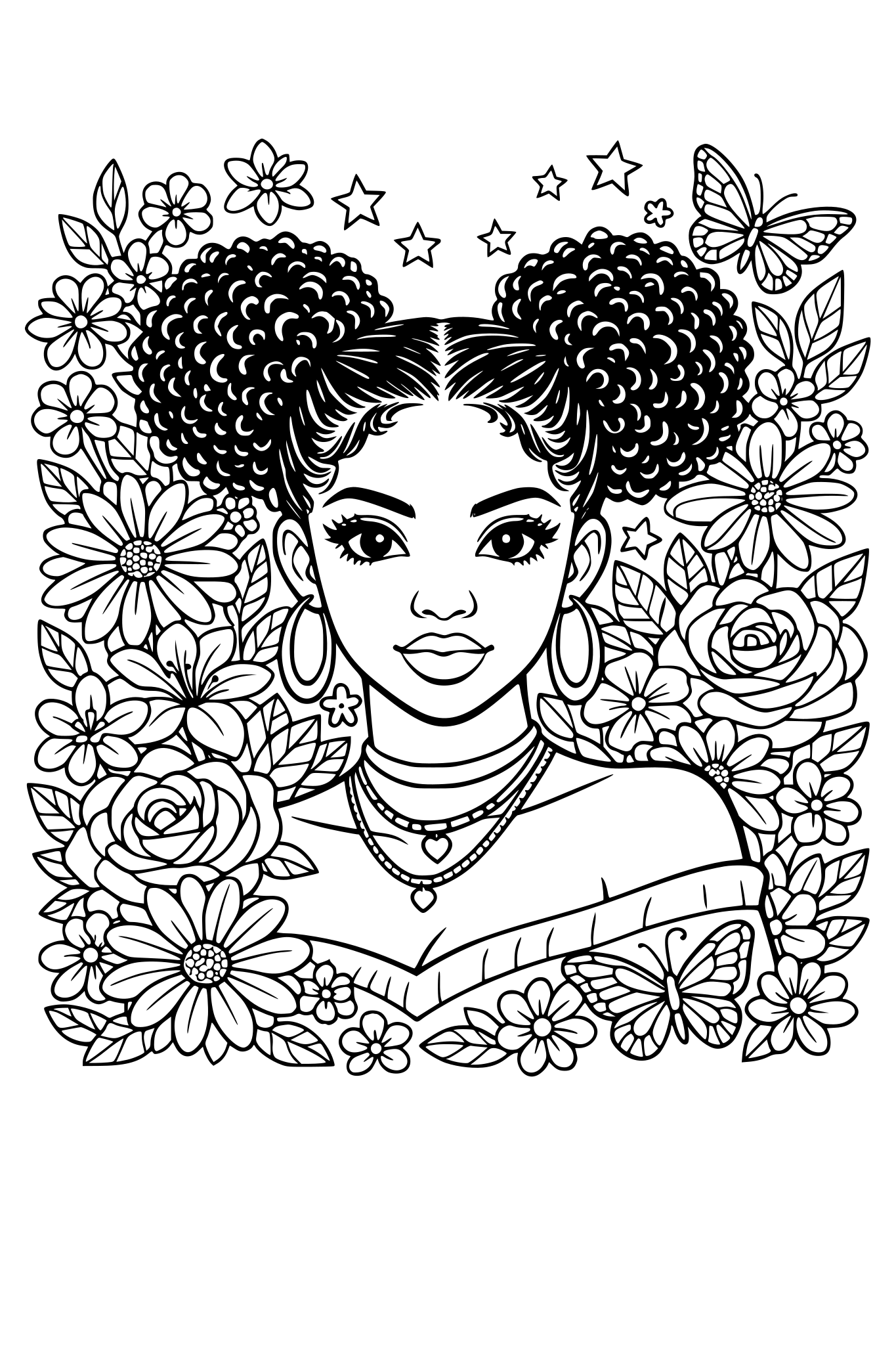 portrait of beautiful african american woman with two afro puffs, surrounded by a floral pattern background