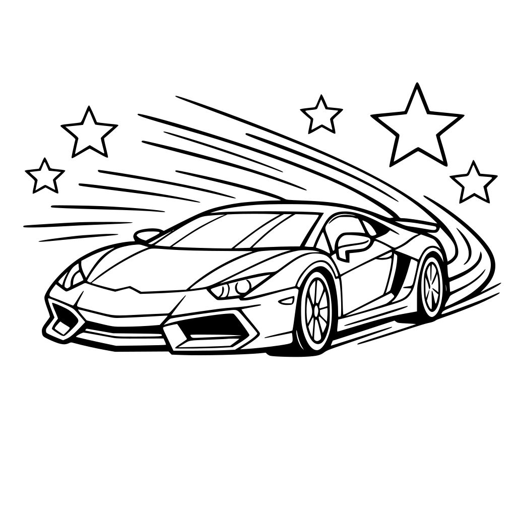 sports car with motion lines and stars behind it.