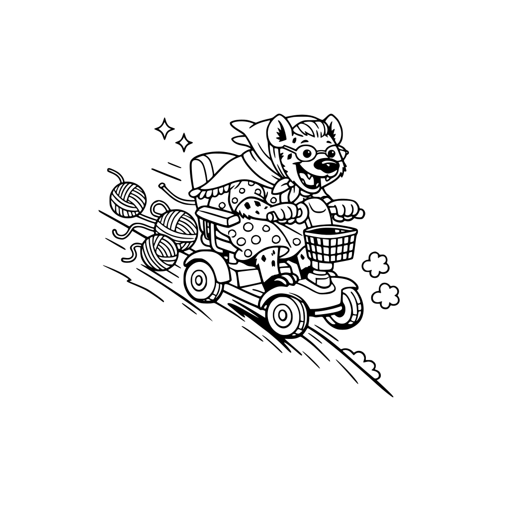 Grandma hyena riding a runaway mobility scooter down a steep hill. Yarn behind her. Simple. Big Shapes.