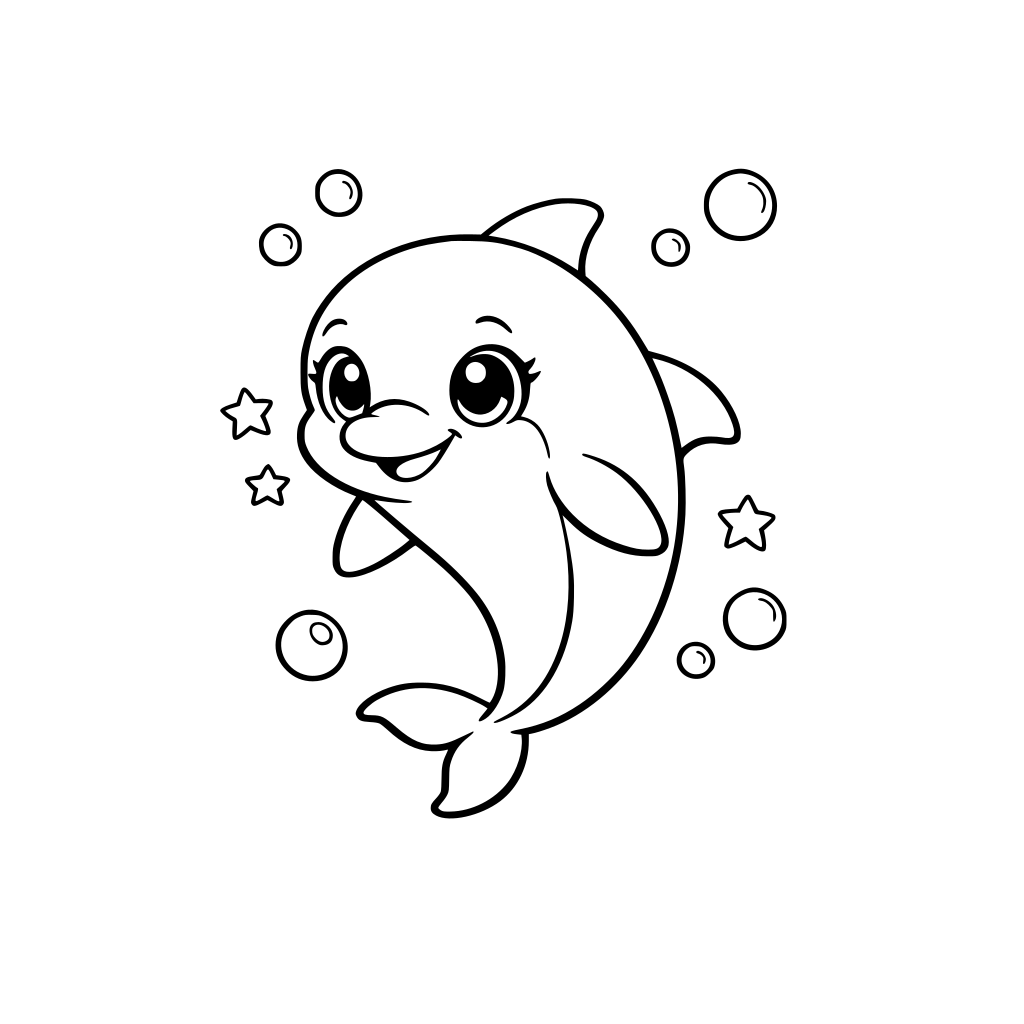 Based on the uploaded image, copy the exact cartoon art style. Create a full-color illustration of a dolphin with big cute eyes, bright blue body, bold clean outlines, flat colors, minimal bubbles background, A4 size, high resolution.