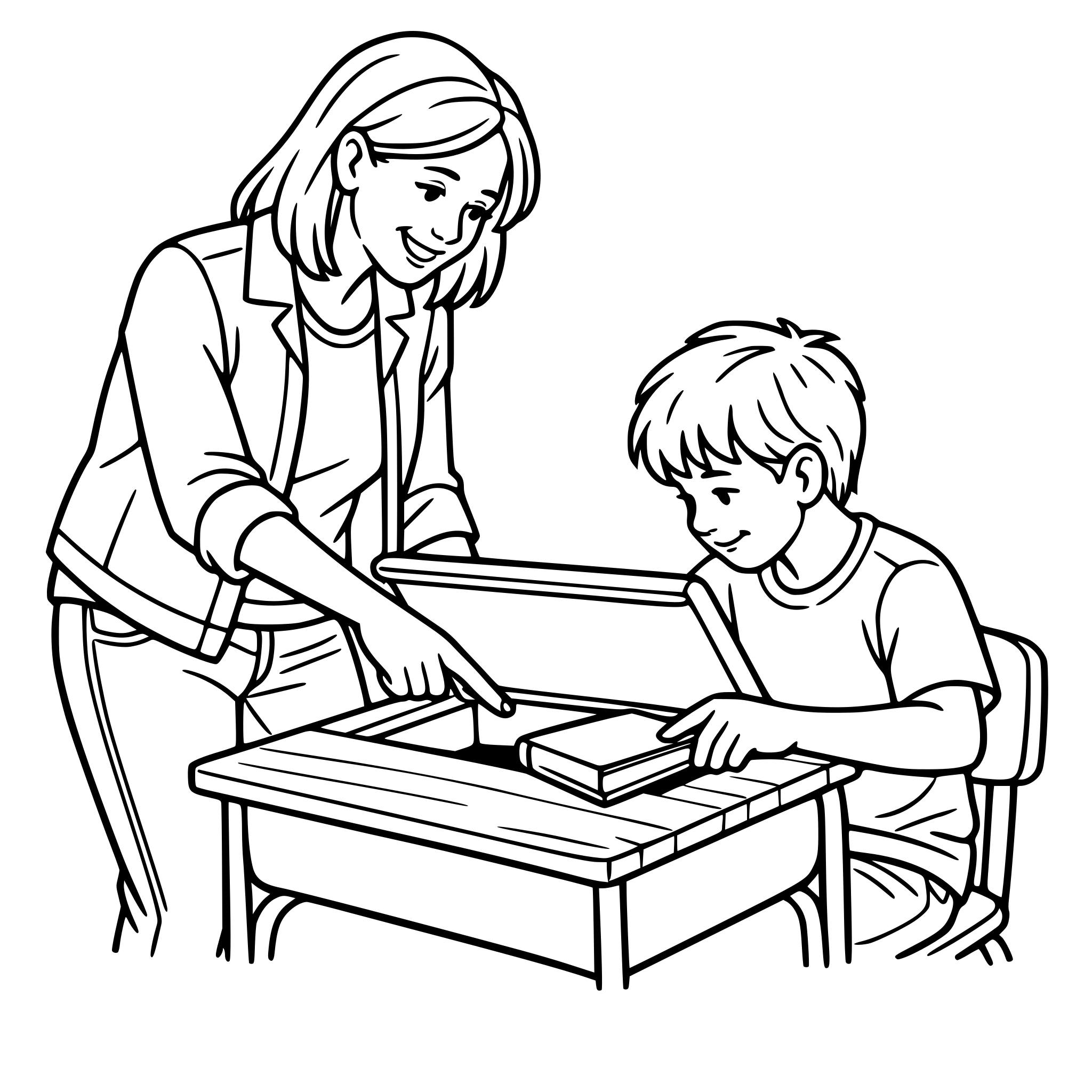 Create an image of a real female teacher dressed casually, telling a boy student to put the book in his desk. She points and looks inside his desk to show him where to put the book. The desk has wooden like top. White background, isolated.