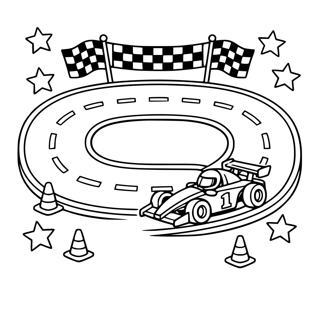 race car driving around a simple loop track with stars and flags.