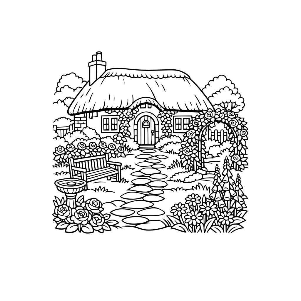 I want a coloring book that has images of English gardens and English cottages