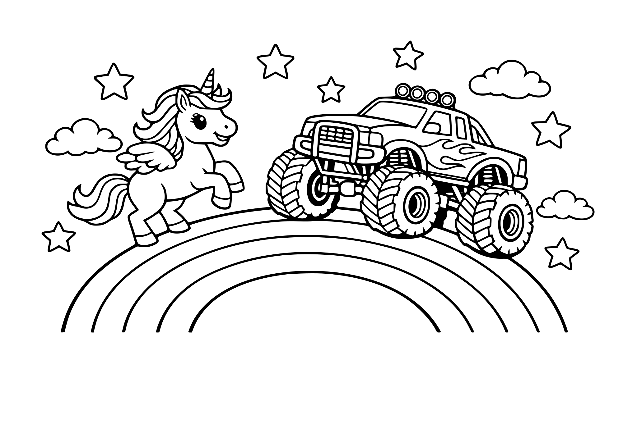 eenhoorn en een monstertruck samen over de regenboog