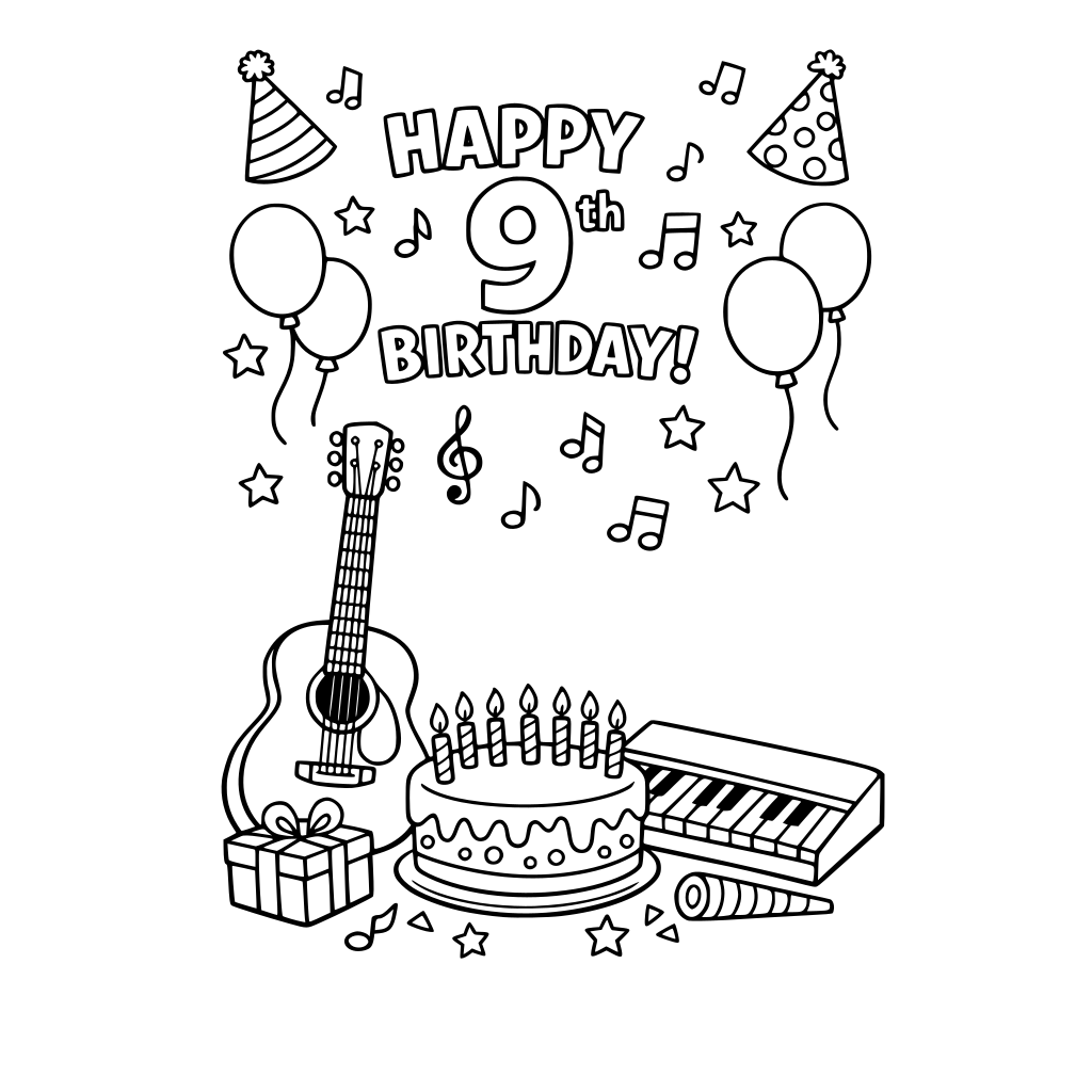 music related birthday party coloring page related to music for a 9 year old make it simple include piano and or acoustic guitar