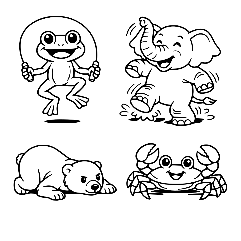 I want to see various animals doing exercises. could be silly or practical. Such as a frog jump roping, elephant stomping, a polar bear crawling and a crab doing crab walk