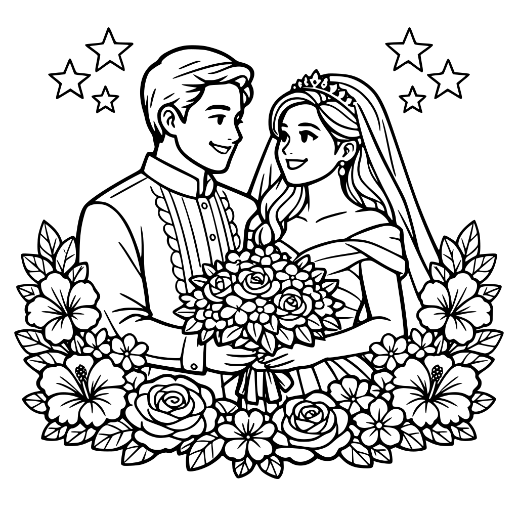 Filipino bride and groom surrounded by flowers