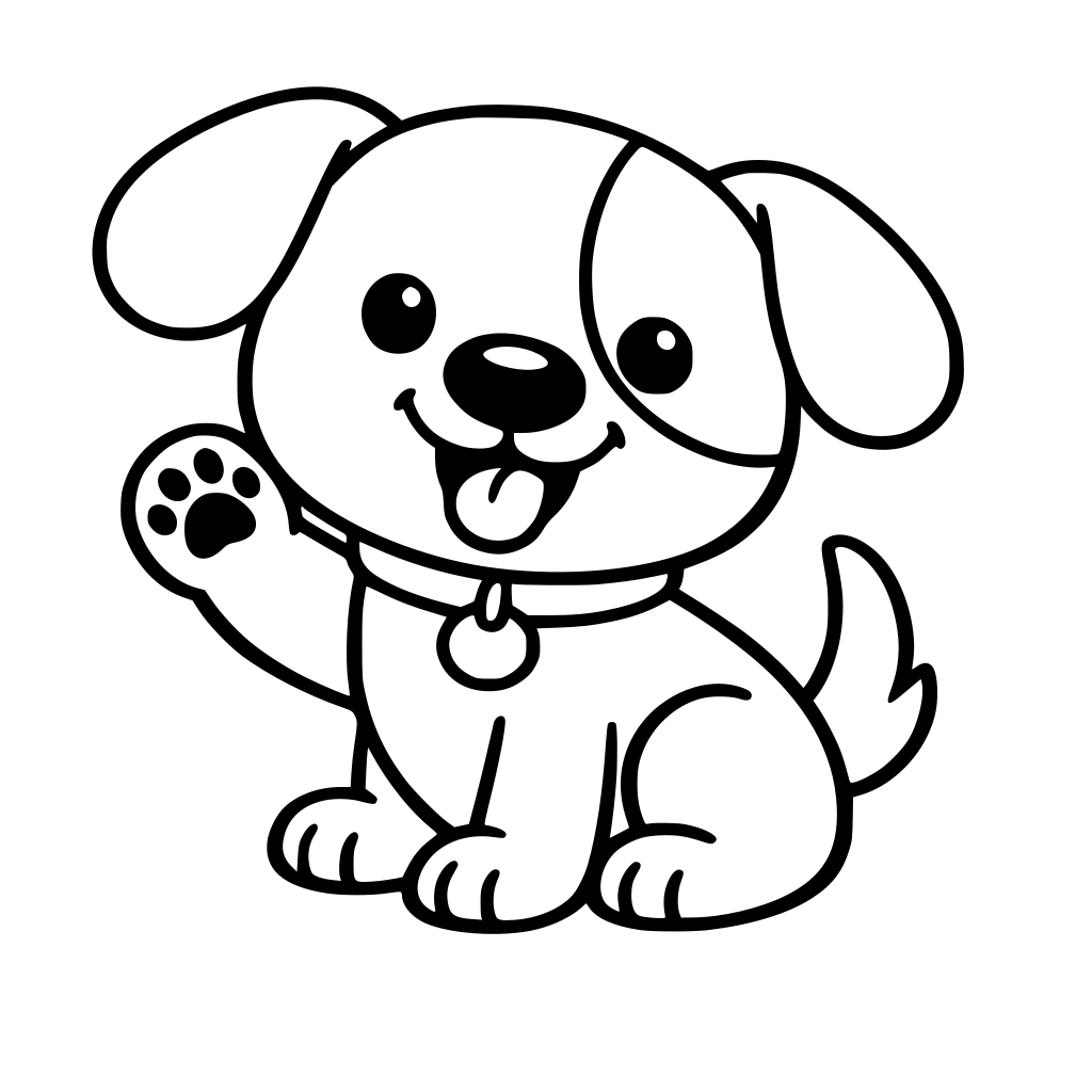 Cute cartoon playful dog coloring page for kids ages 4–8, thick black outlines, simple rounded shapes, no shading, no background, white background, friendly smiling face, printable coloring book line art