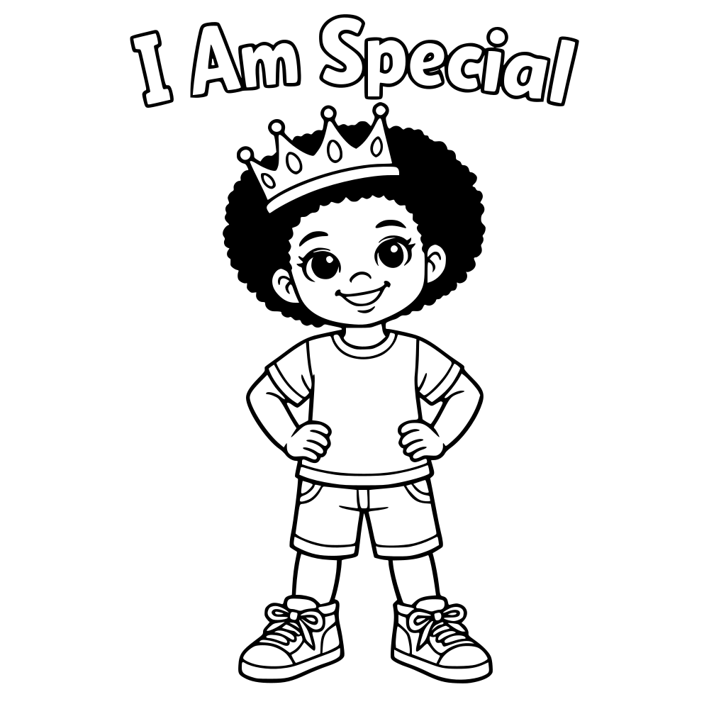 Black and white line art coloring page of an African American child with natural afro hair standing proudly, wearing sneakers and a crown, with the words “I Am Special” at the top. Thick outlines, no shading, white background, 8.5x11, kids coloring book style.