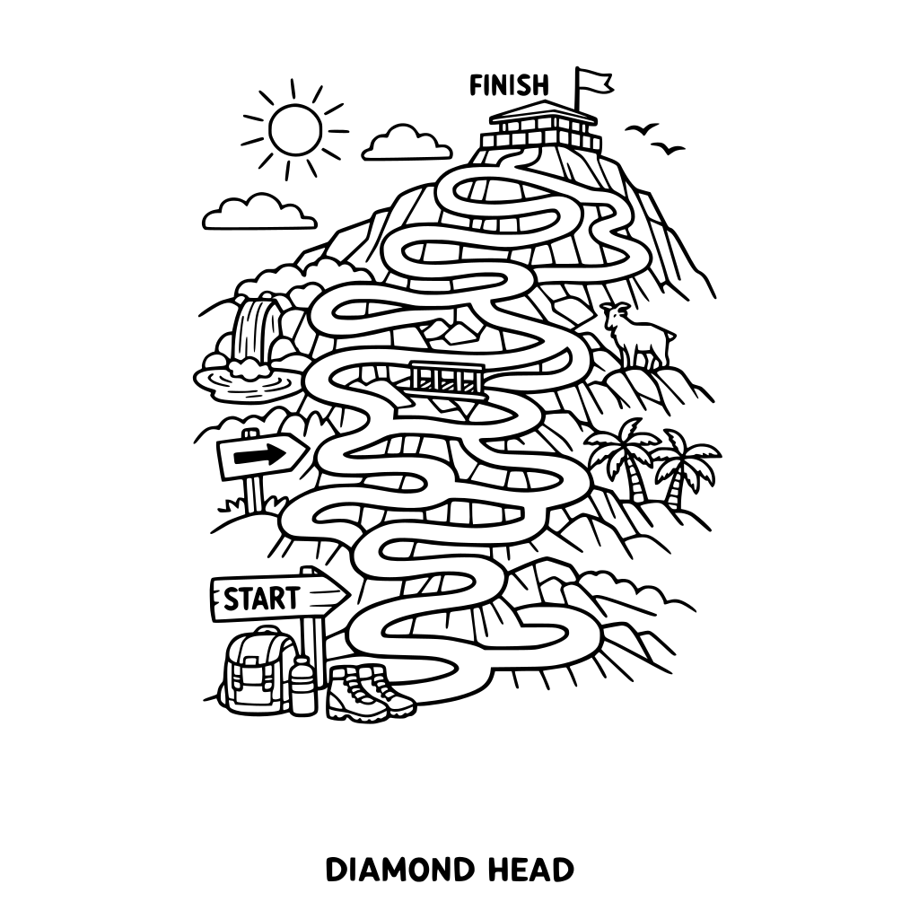generate a maze with a hiking theme, where the goal is to go from the bottom of Diamond Head to the top