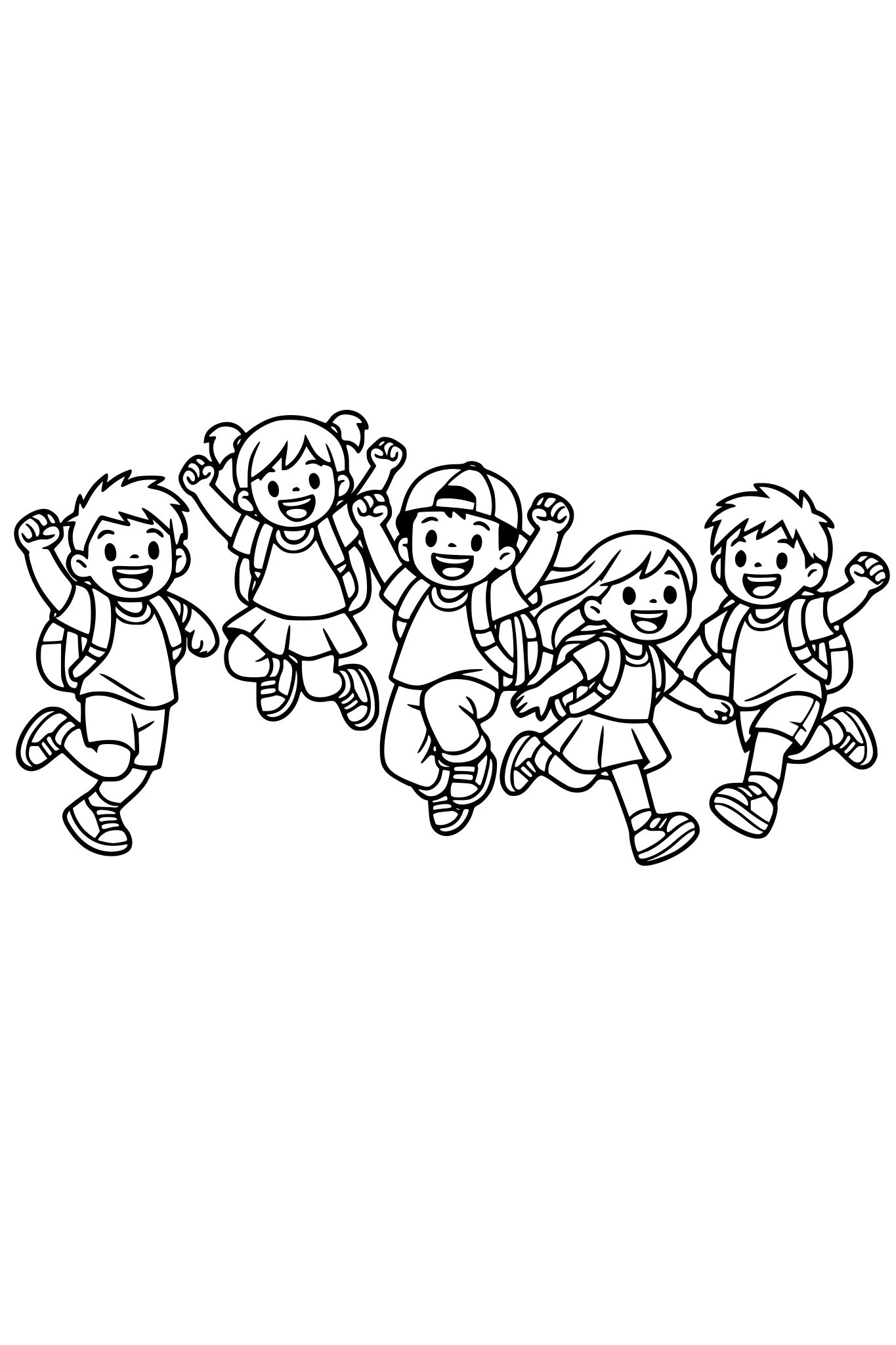 kids celebrating with backpacks jumping and running girls and boys