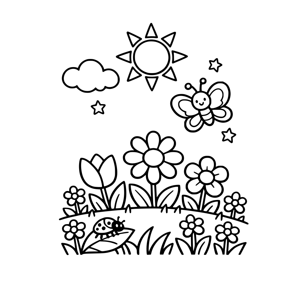 Cute spring coloring page for kids, black and white line art, flowers, sun, butterfly, grass, simple shapes, thick outlines, minimal details, printable, no shading, white background