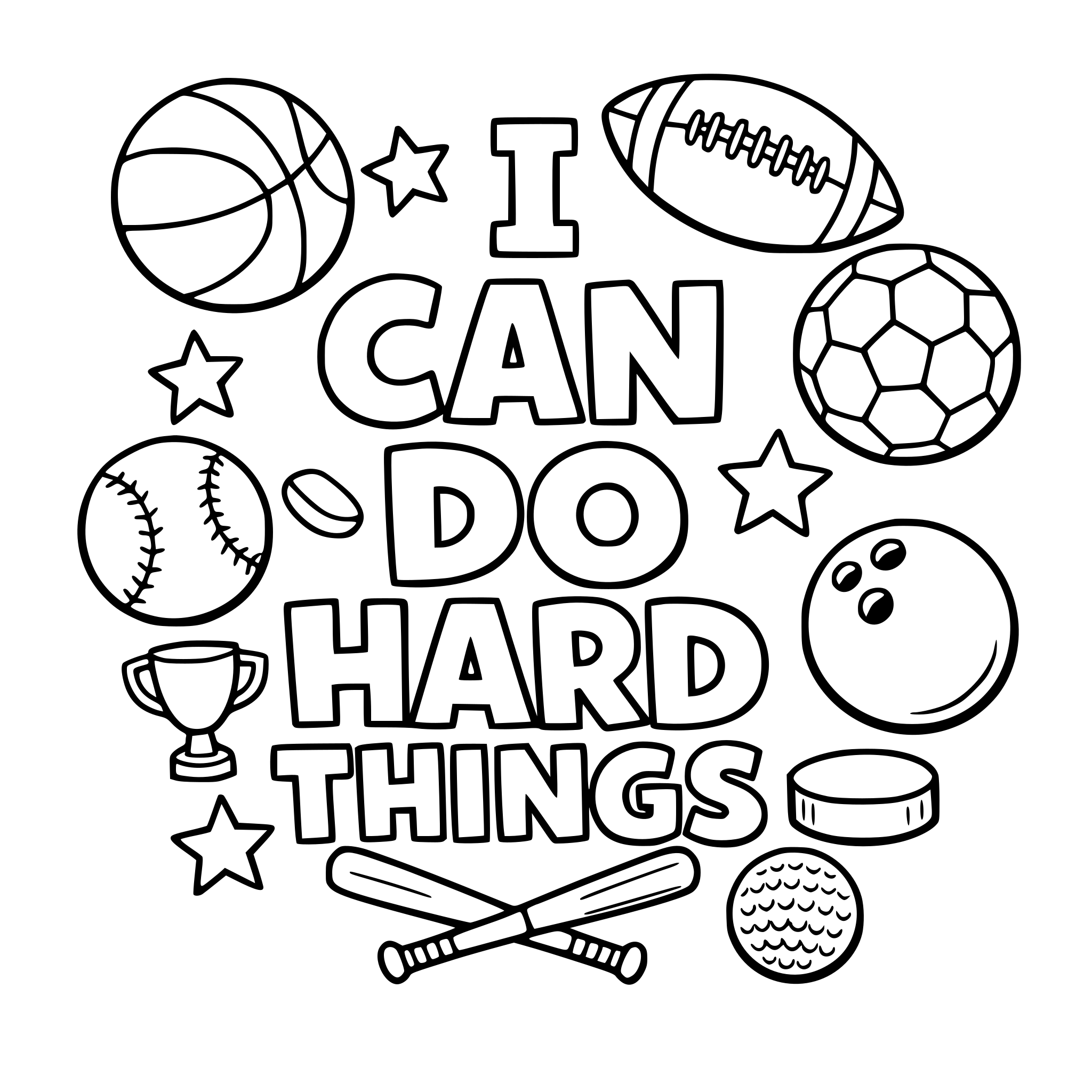 "I can do hard things" coloring letters with sports balls around.