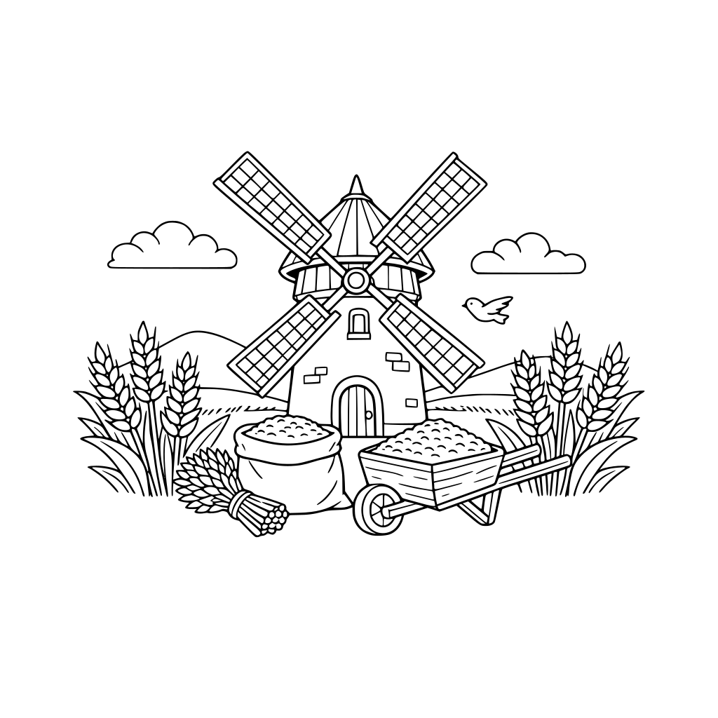 por favor dibuja un bello molino de trigo