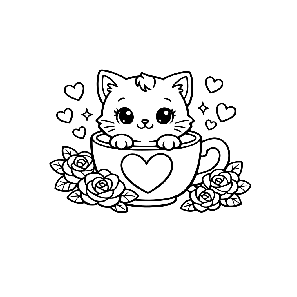 cute kitty in a love heart tea cup with hearts and roses around