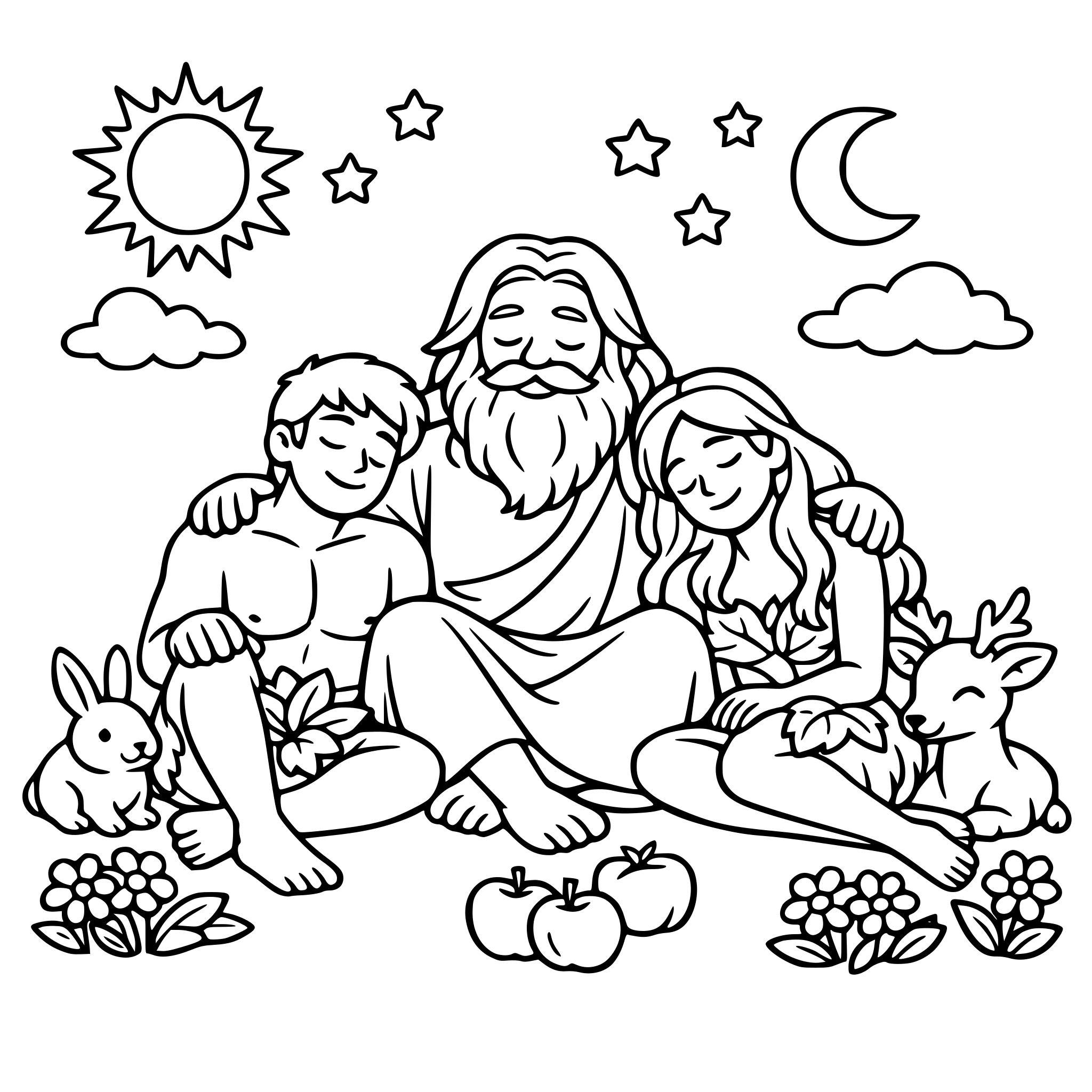 God resting in a peaceful garden with Adam and Eve after creation