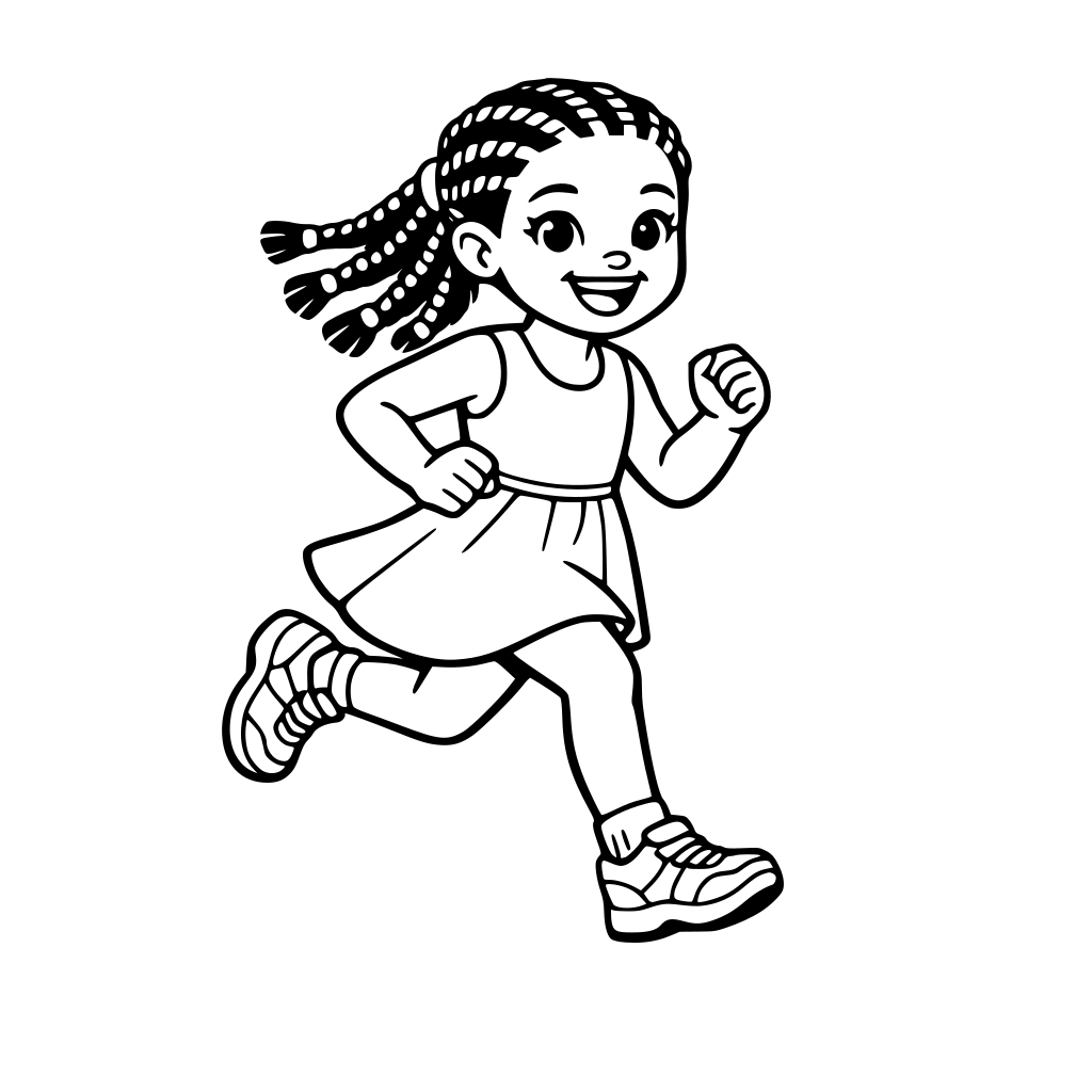 African American girl with braids wearing a dress and running shoes with socks.
