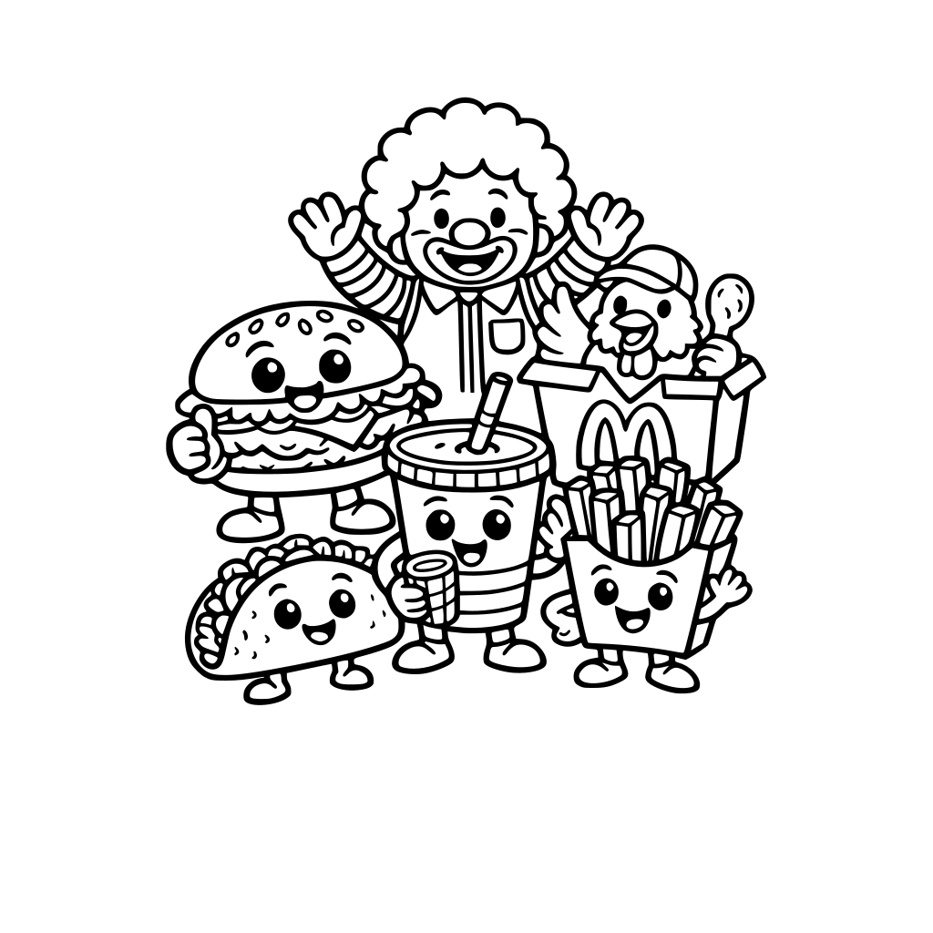 world wide fast food charachters fun and enjoyable for kids to colour - thick lined iamges