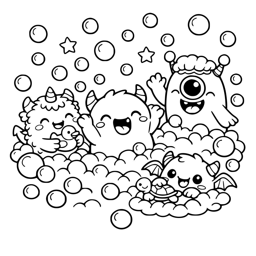 a cute kawaii monsters playing in the middle of the bobble bath, the bobbles are flying everywhere