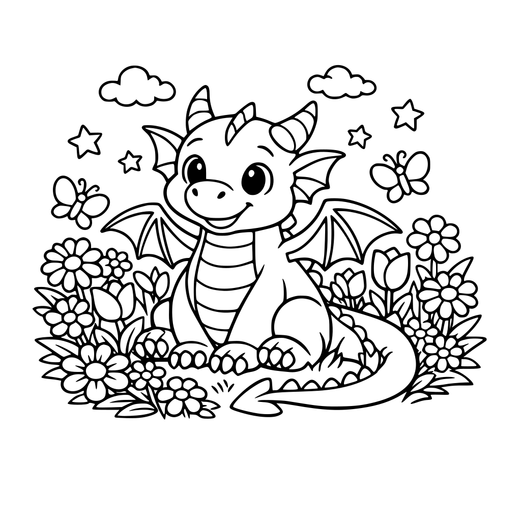 Een vriendelijke draak in een bloementuin