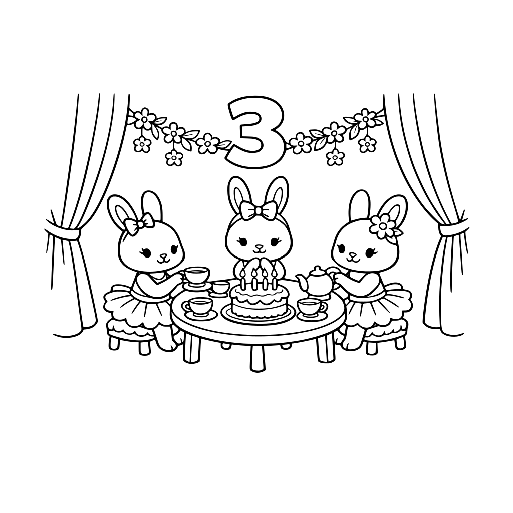 Open curtains reveal a tiny tea party scene: bunny girls in tutus around a table with teacups and a cake with 3 candles, simple floral garland, big ‘3’ at top