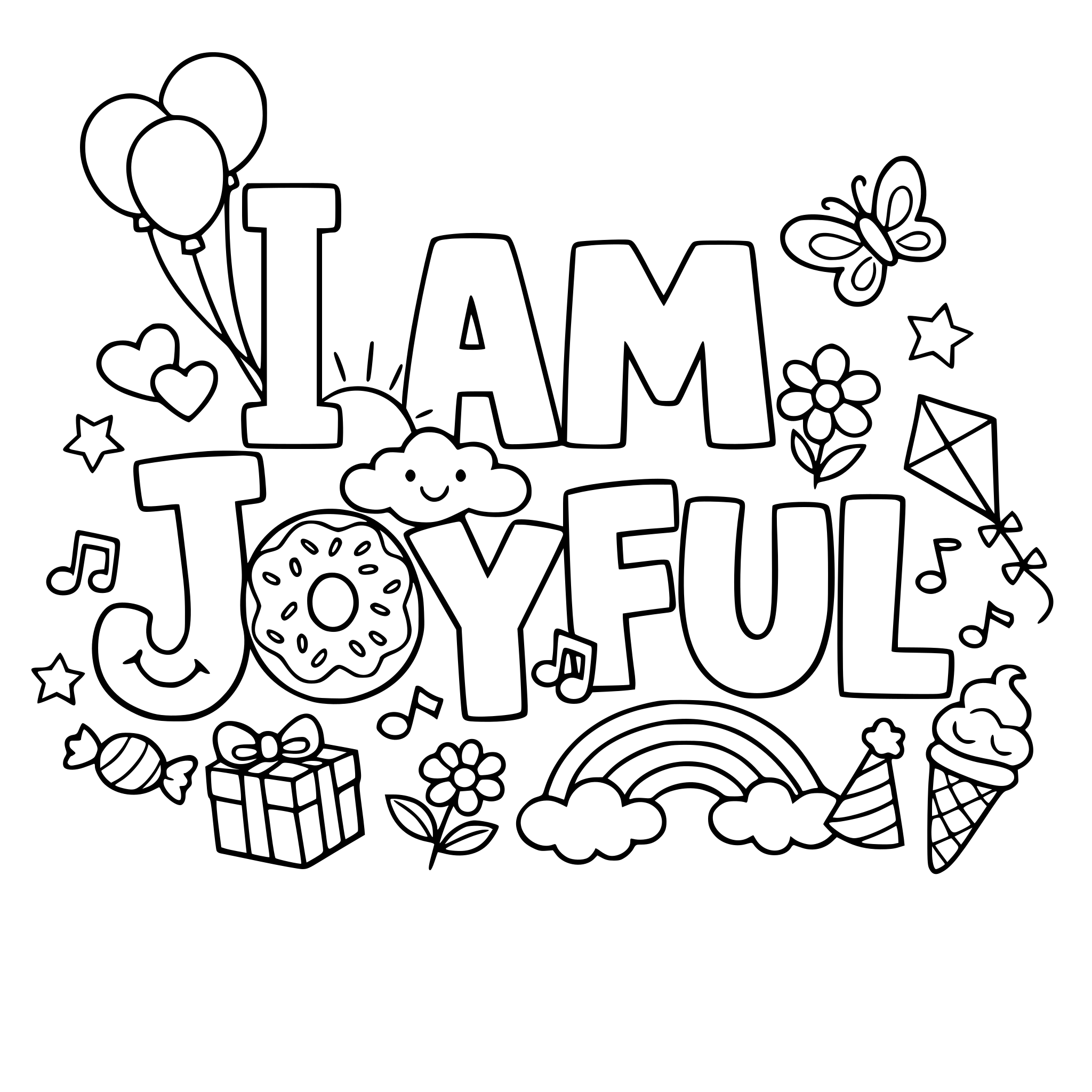 "I am joyful" coloring letters with items around the letters that work with the lettering.