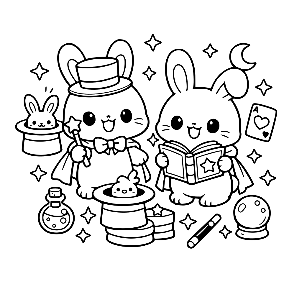 make cartoon kawaii style art of bunnies magician themes