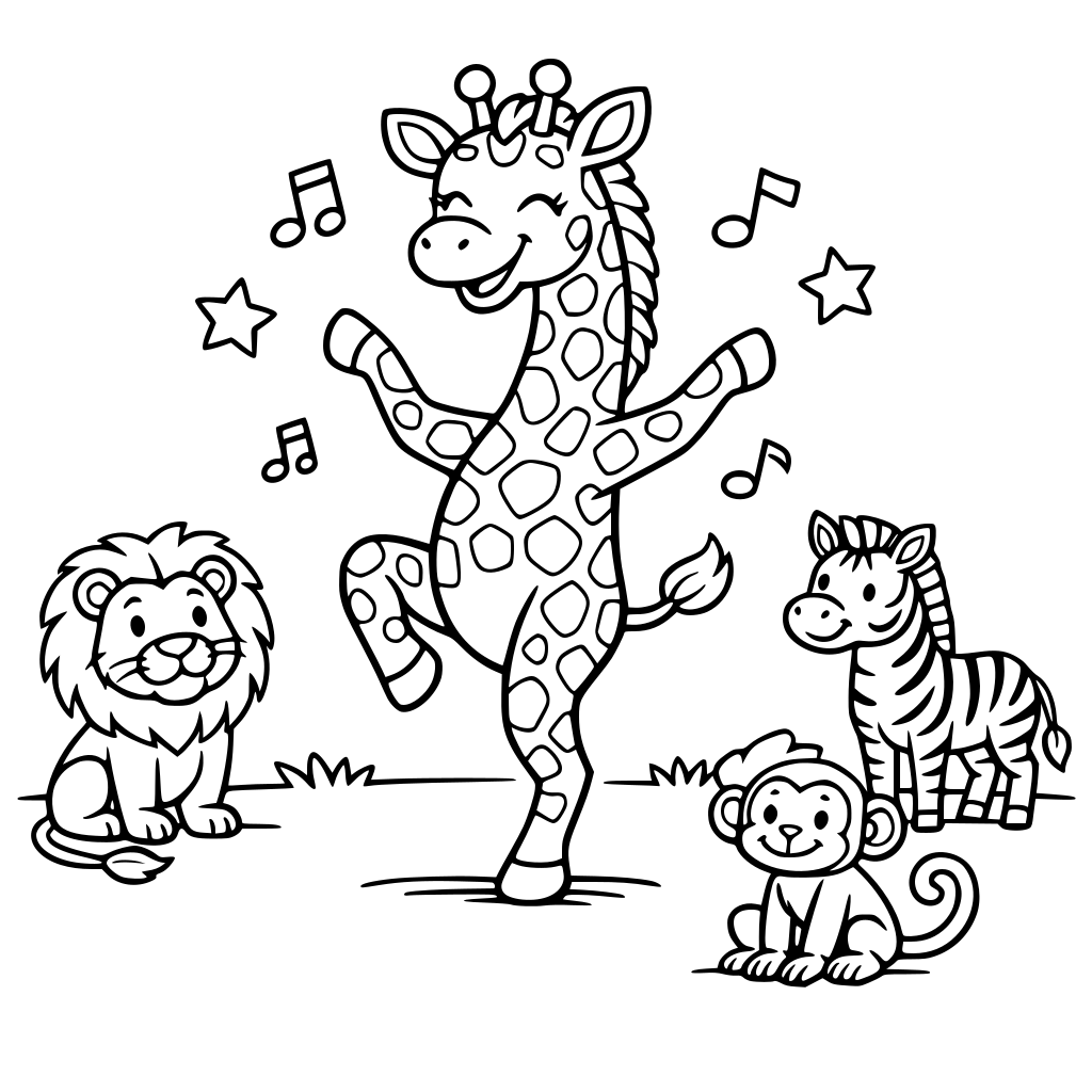 UNA GIRAFA BAILANDO EN LA SAVANA MIENTRAS LA MIRA UN LEON, UNA CEBRA Y UN MONO