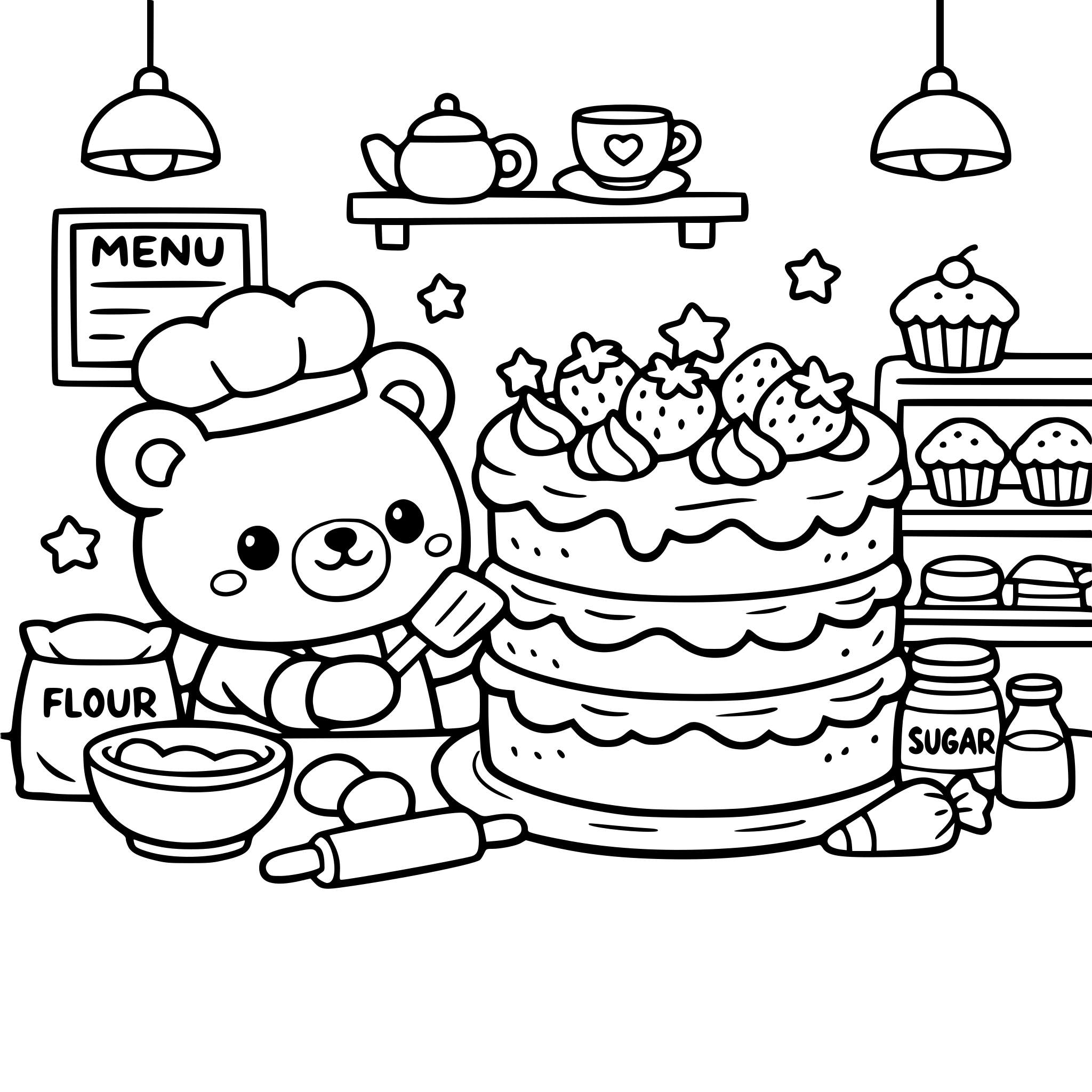 bear baking a giant cake in a small bakery café, kawaii coloring page. kawaii style, cute characters, thick bold outlines, simple black and white line art, coloring page, no shading, white background, clean lines.