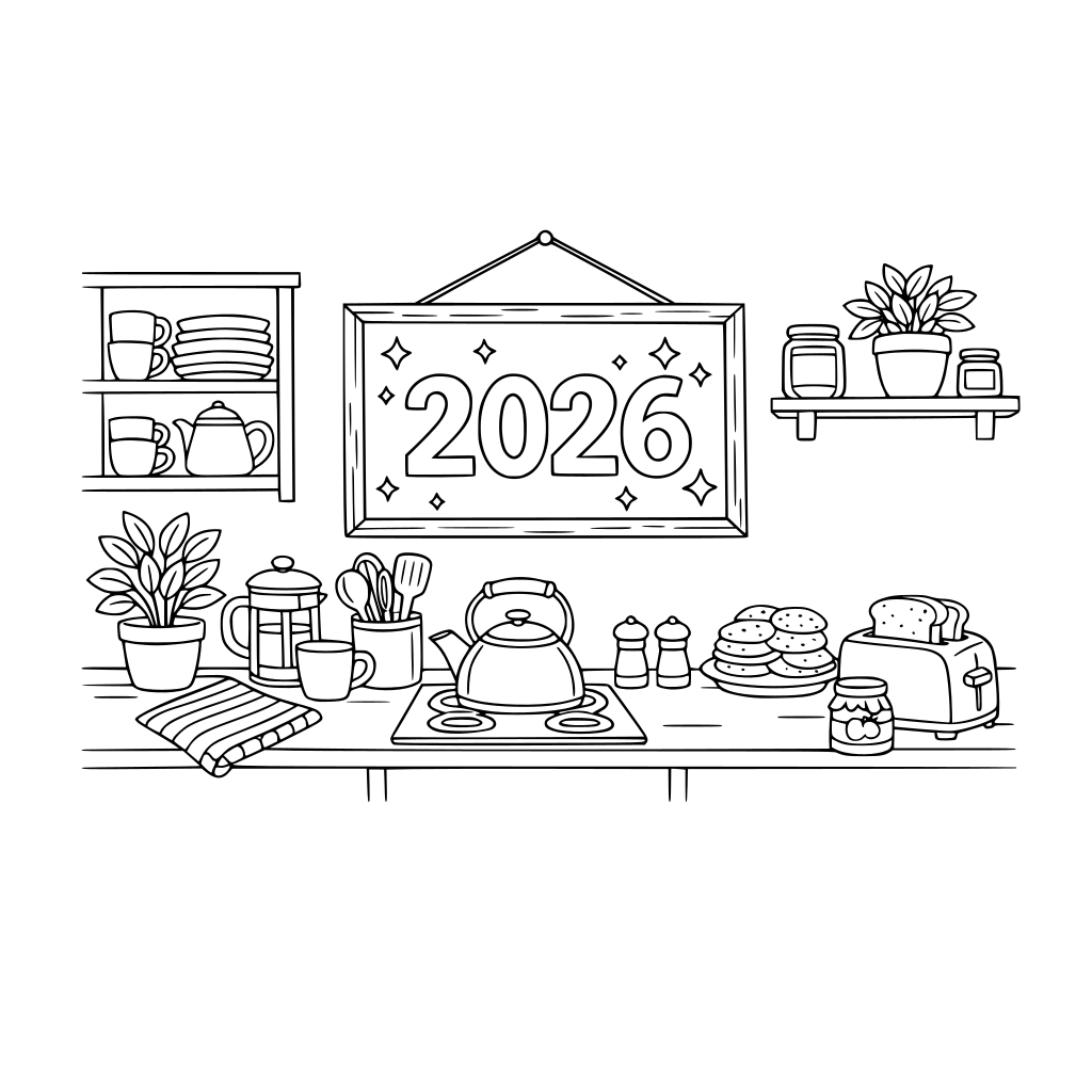 Cozy kitchen scene with the year 2026 displayed on a sign or chalkboard, black and white coloring book style, clean line art, minimal details, white background