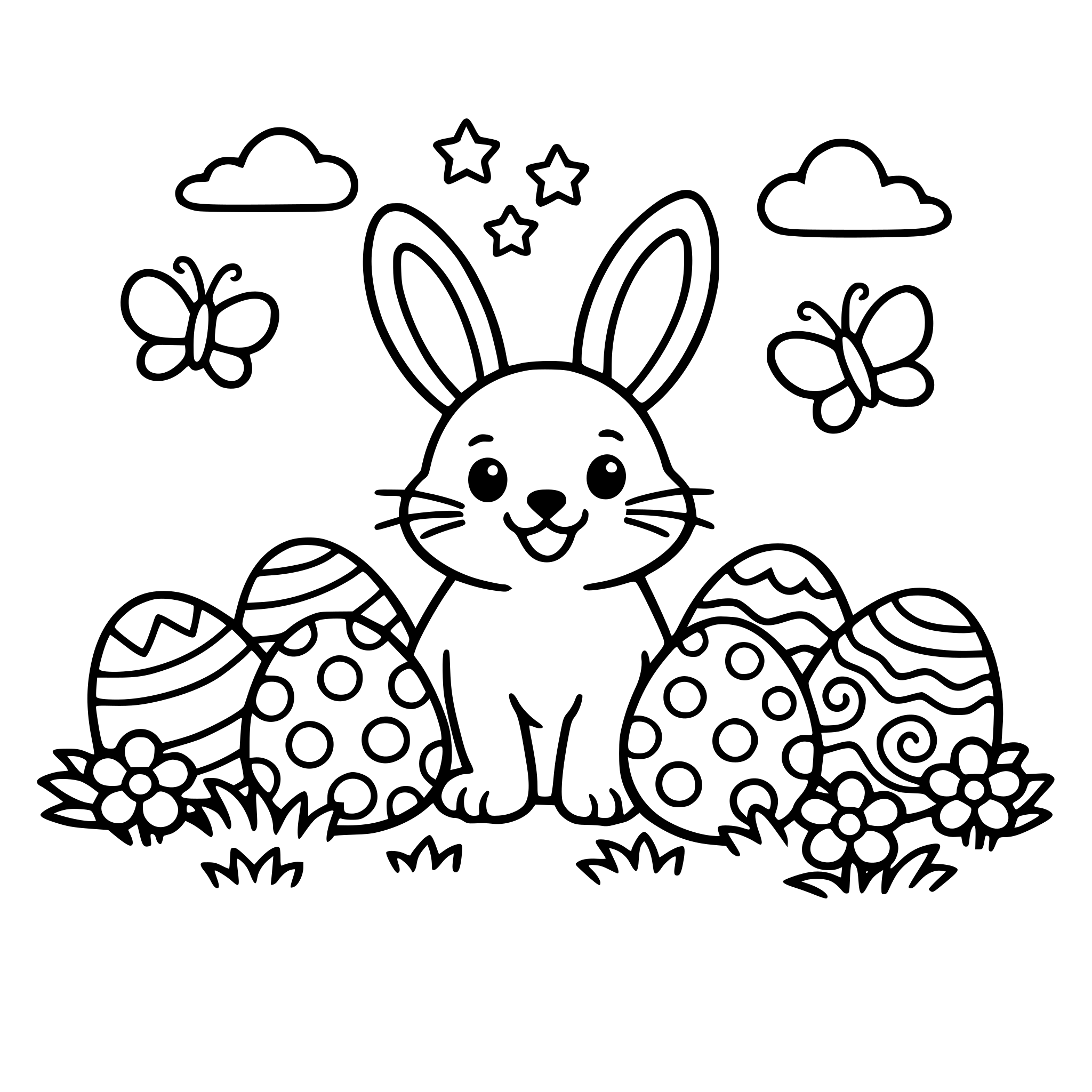 zajączek wielkanocny na łące z pisankami