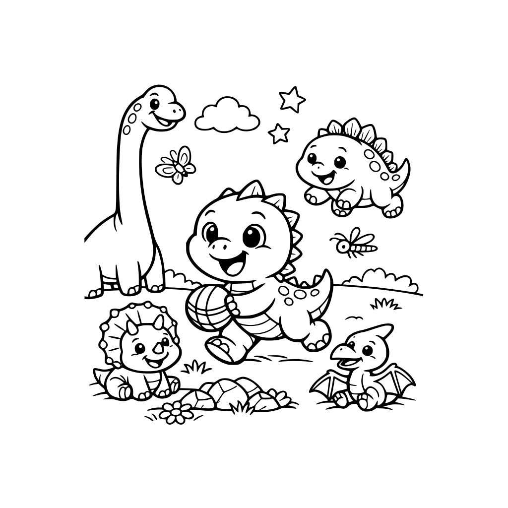 um dinossaurinho brincando com seus amiguinhos em um campo