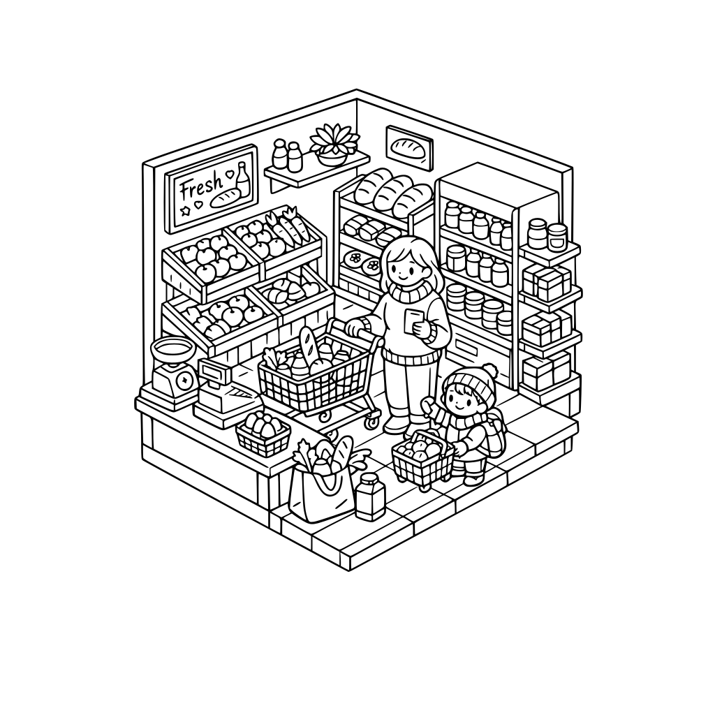 hygge style, cute and cozy, 3d isometric corner, grocery shopping life