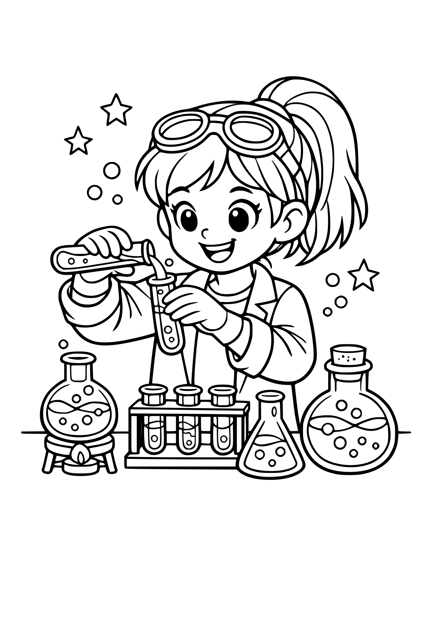 A young girl scientist mixing colorful potions in a lab