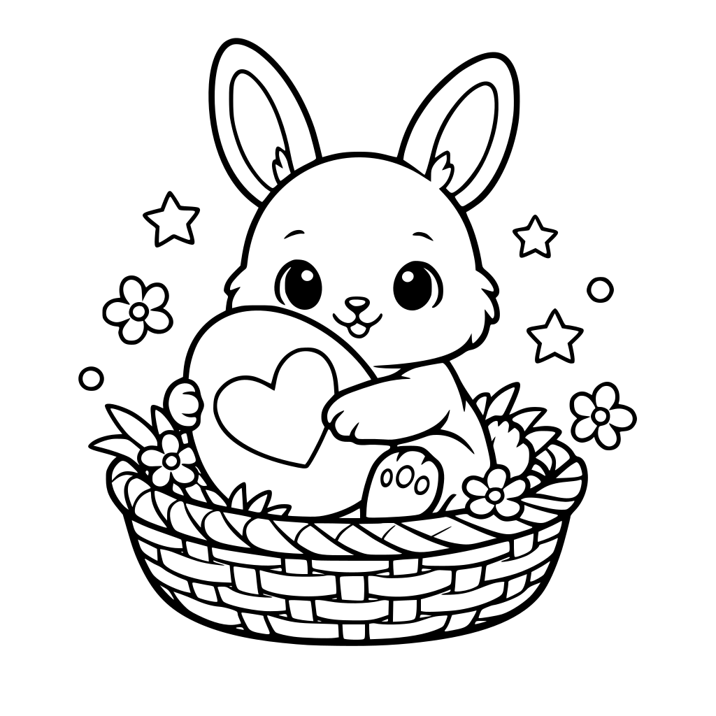 Cute baby rabbit sitting in a basket with a big heart egg