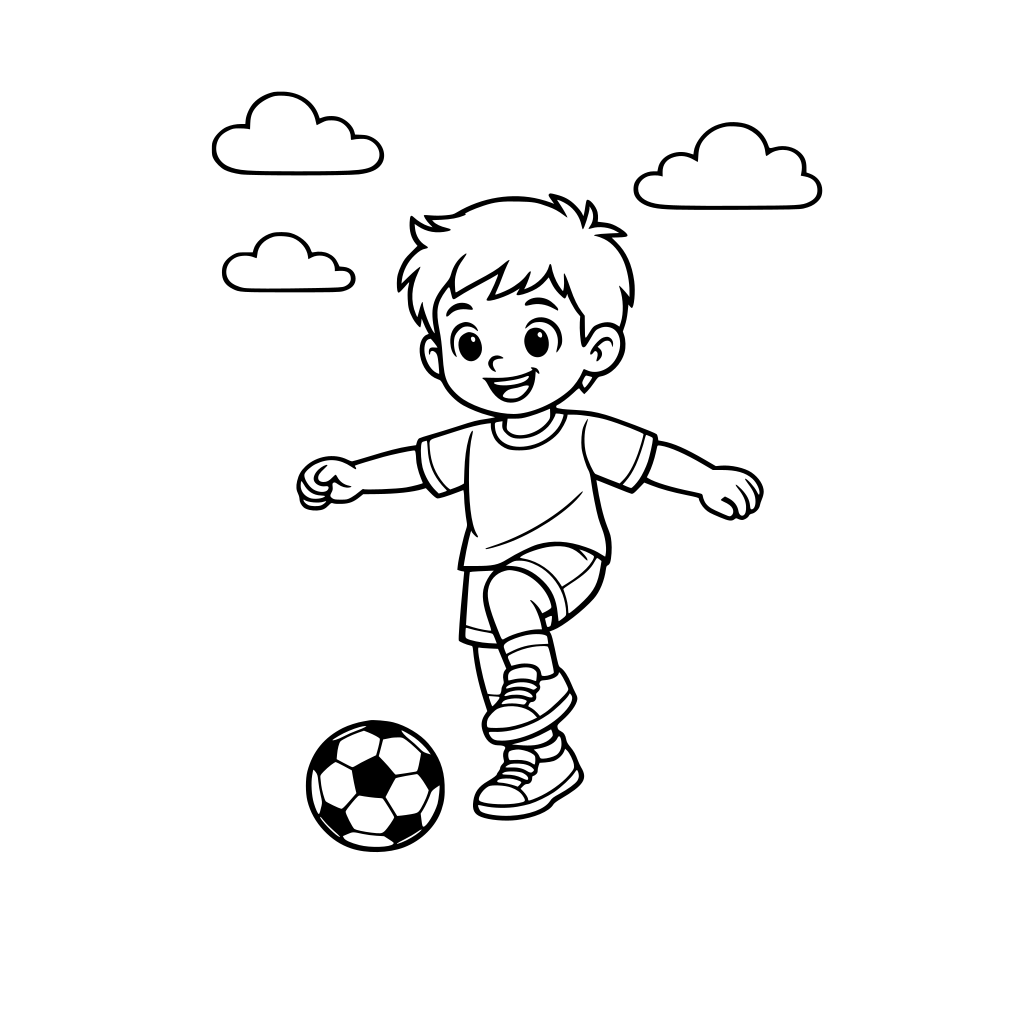 menino jogando futebol ao ar livre, bola no chão, céu com nuvens simples