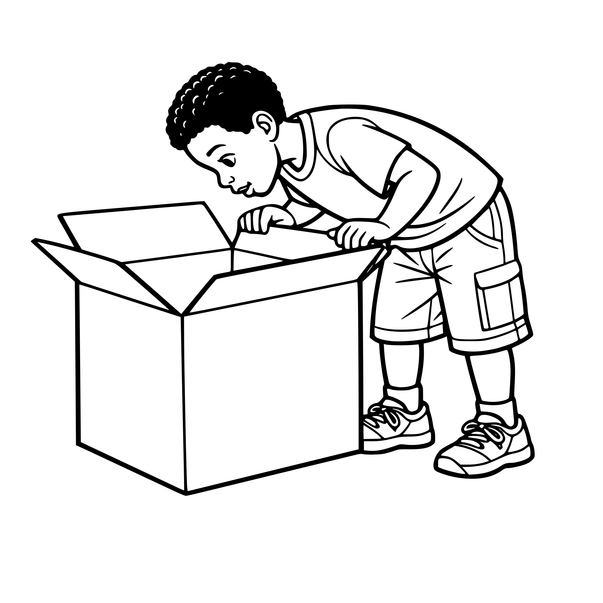 One realistic young african american boy looking inside of a big box. The boy is wearing long short and a short sleeve shirt with sneakers. White background, isolated.