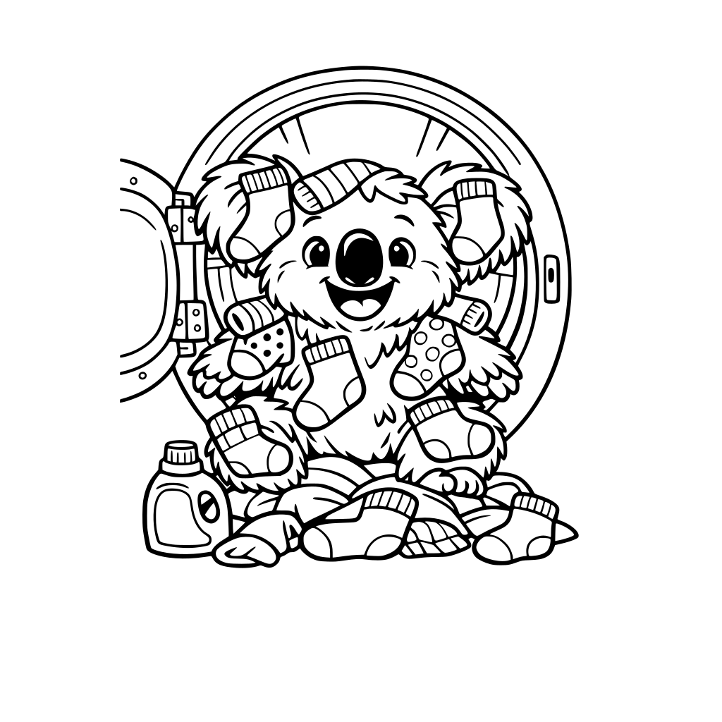 A funny koala who climbed into the dryer and now his fur is full of socks.