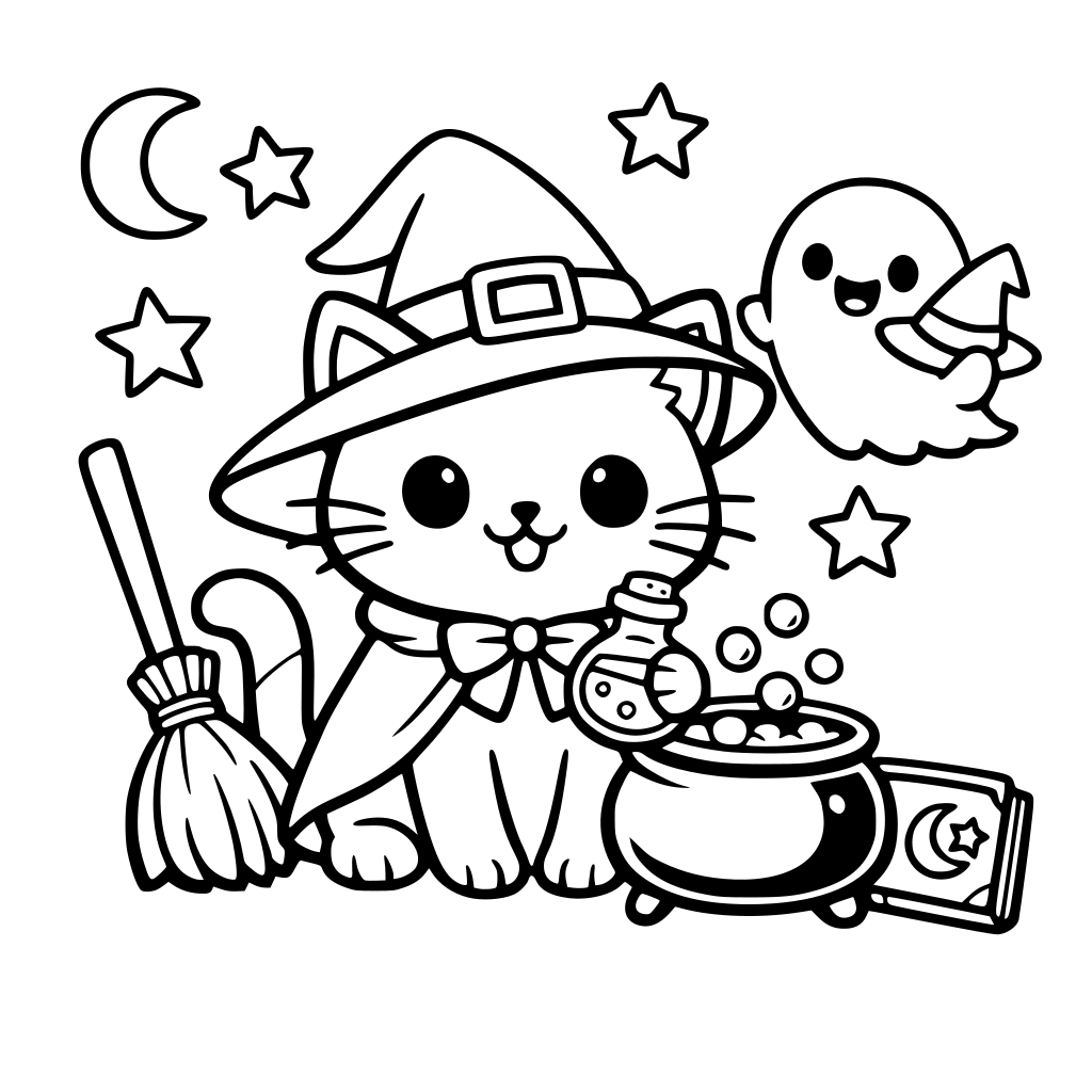 A bold and easy style coloring book featuring a cute cat witch and her ghost friend
