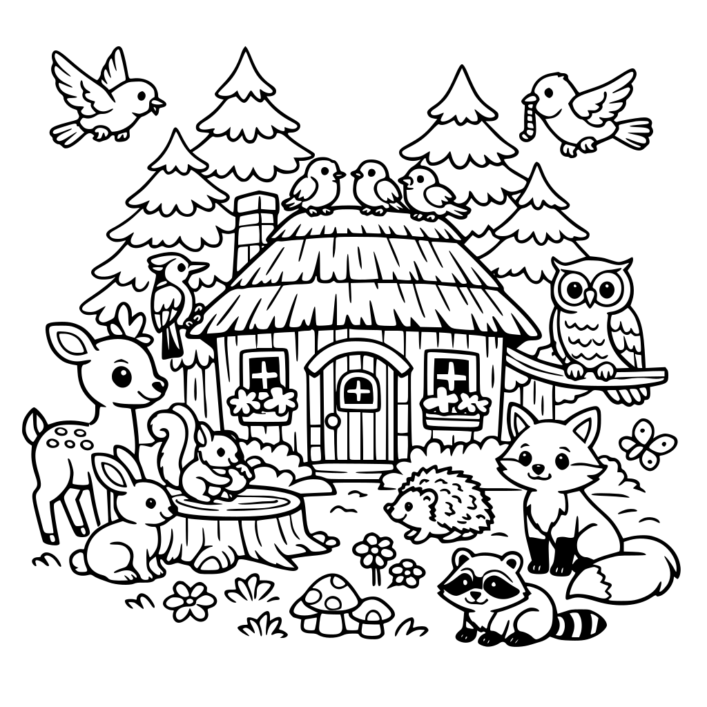 Forest with a small hut surrounded by birds and animals