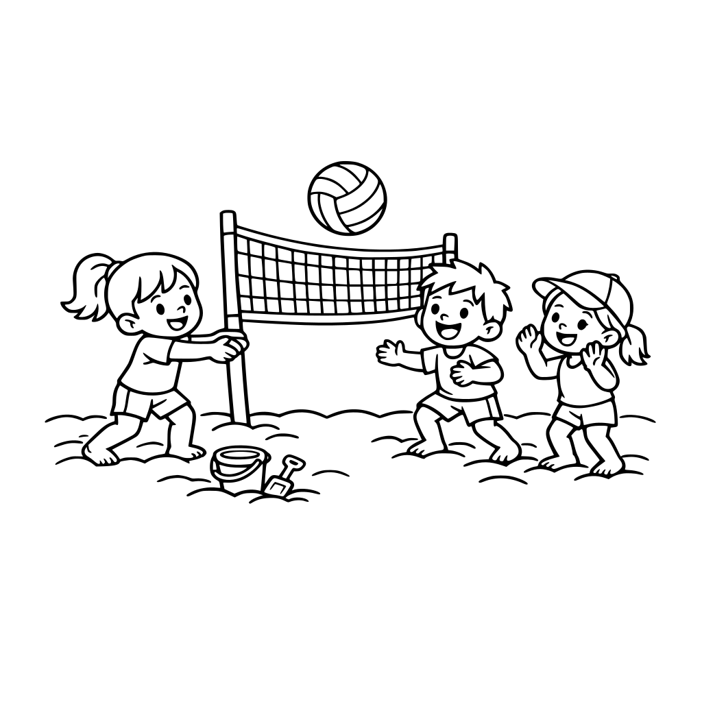 coloring page for small child of kids playing volleyball in the sand