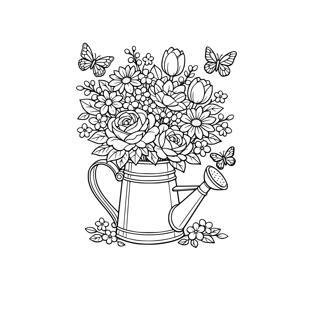 1. Large spring bouquet in a vintage watering can, surrounded by butterflies and small blossoms, romantic composition