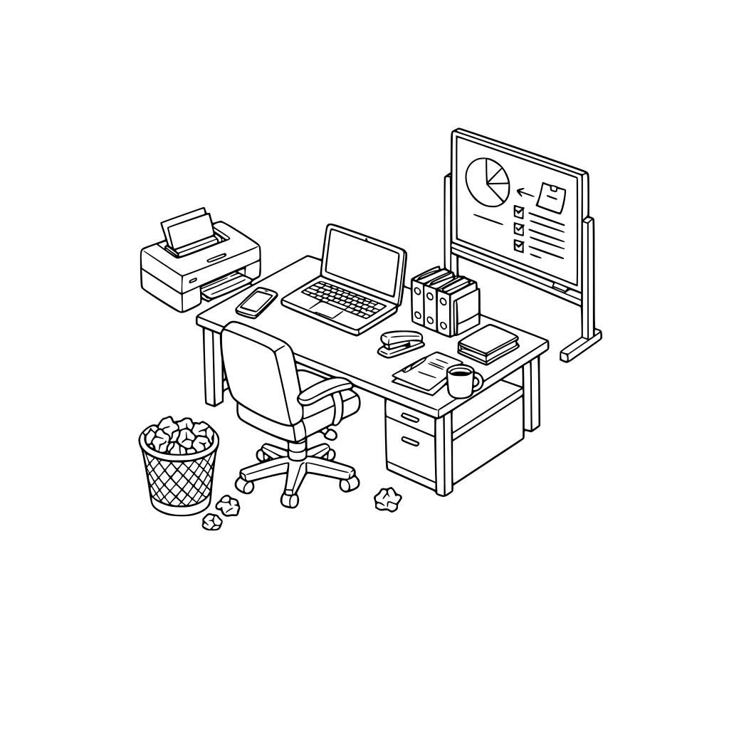cozy office with laptop, smartphone, files, stapler, chair, desk, coffee, trash bin with crumpled paper, printer, whiteboard. 3d isometric.