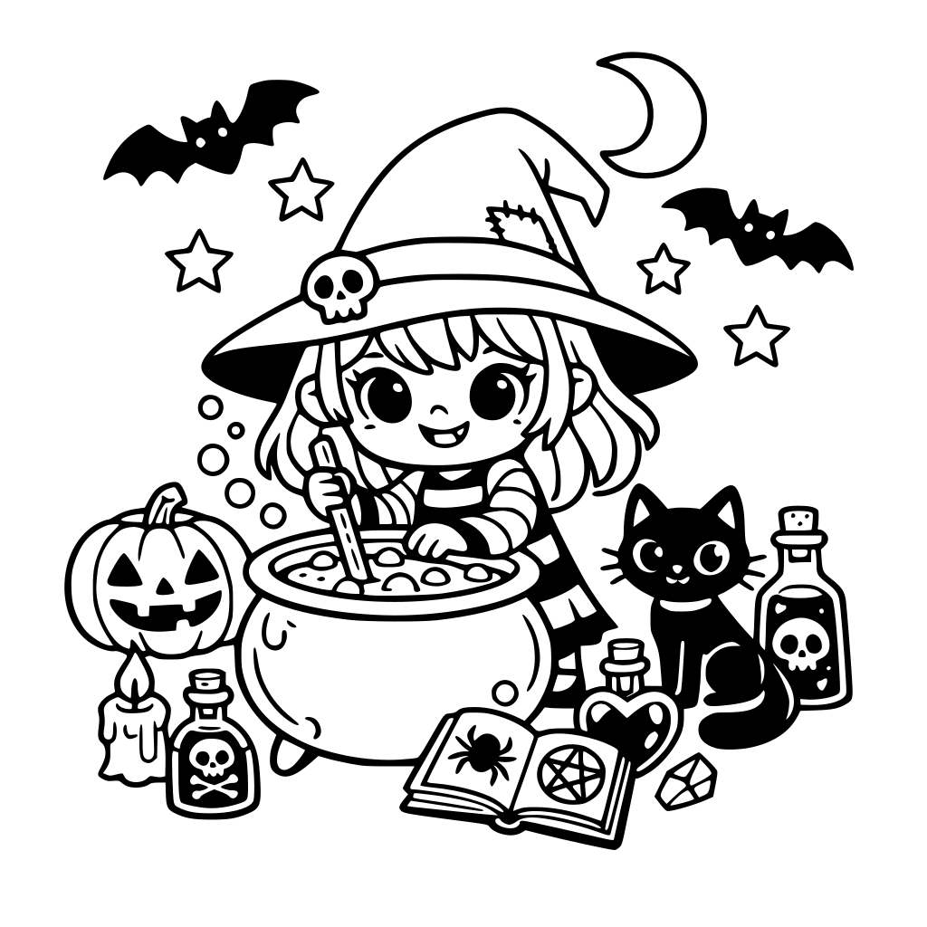 Creepy, cute, cartoon styled witch vibes, magic potions