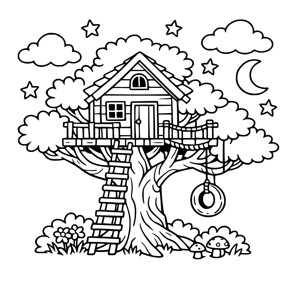 libro per colorare in bianco e nero con piccola casa sul albero