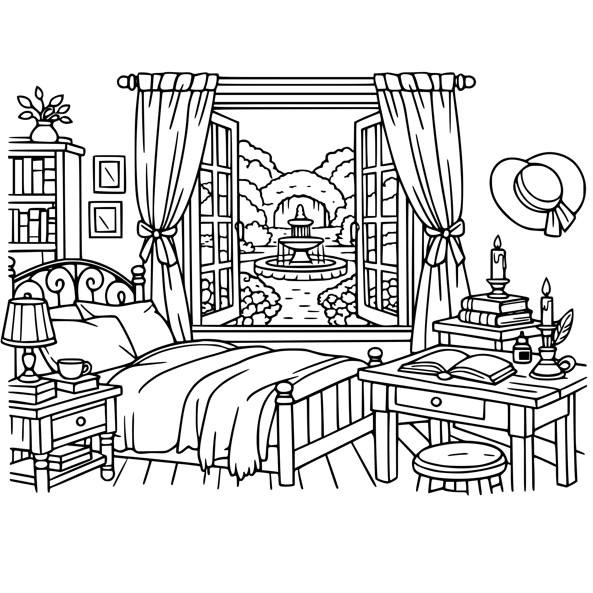 A dark academia cottage core bedroom with a window view of a beautiful garden with a fountain in the distance