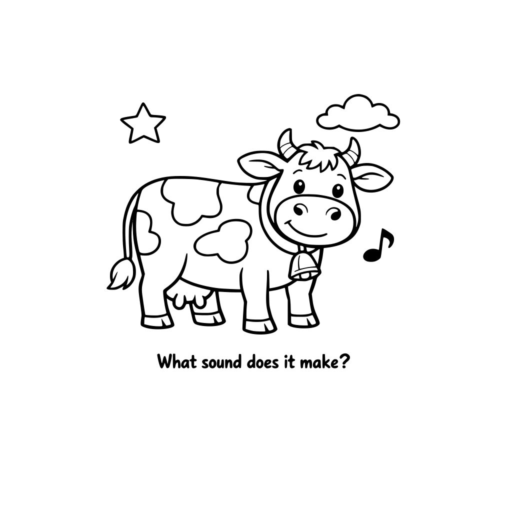 Farm animals (cow, hen, sheep) You can add: “What sound does it make?” below each page.
